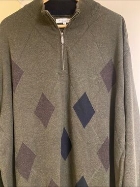 Alex Cannon Rowayton Olive Green Half-Zip Cotton Argyle Sweater. Size XXL
